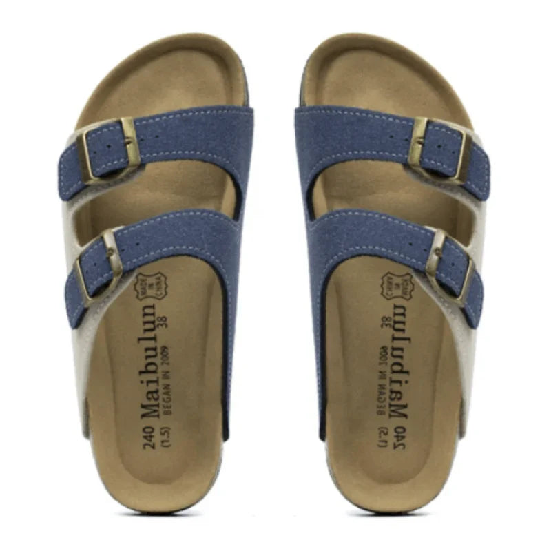 Wildlederpantoffeln Creme & Blau
