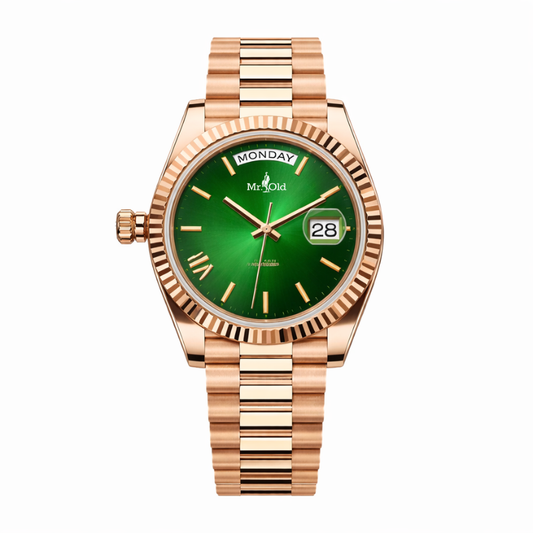 Executive Day-Date 40 – Emerald Sunburst | Rose Gold Tone President Bracelet & Fluted Bezel