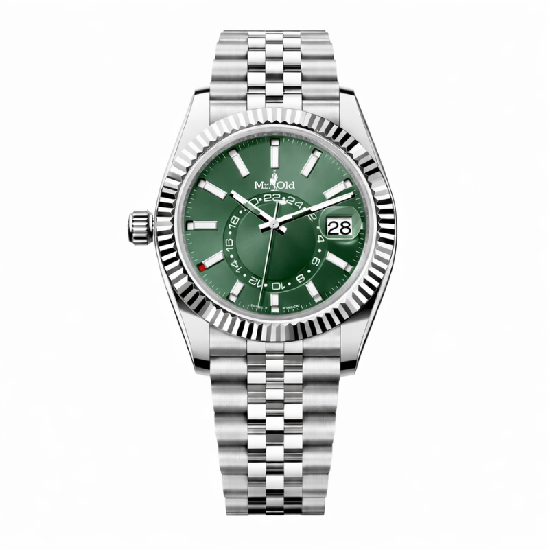 Global Traveller 42 – Green Sunray Dial | Stainless Steel Jubilee & Fluted Bezel