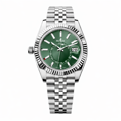 Global Traveller 42 – Green Sunray Dial | Stainless Steel Jubilee & Fluted Bezel