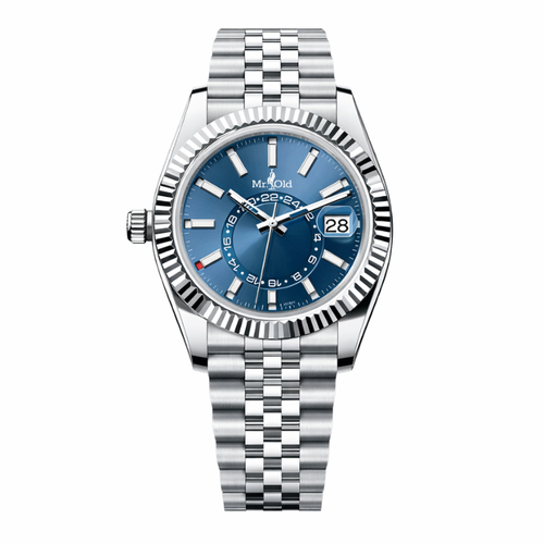 Global Traveller 42 – Blue Sunray Dial | Stainless Steel Jubilee & Fluted Bezel