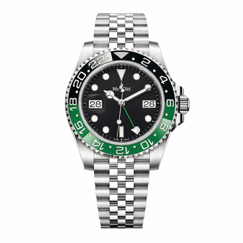 GMT Traveller 40 – Midnight Black | Stainless Steel Jubilee & Green Ceramic Bezel