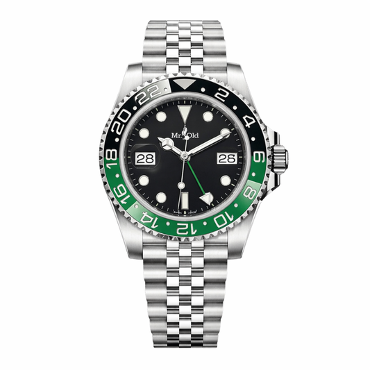 GMT Traveller 40 – Midnight Black | Stainless Steel Jubilee & Green Ceramic Bezel