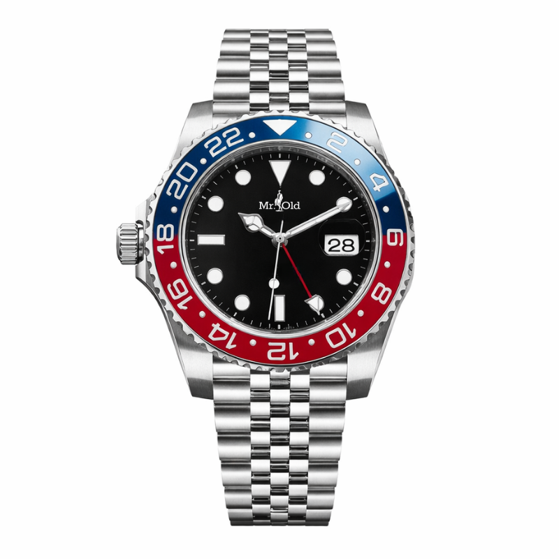 Dual Time 40 – Shadow Black | Stainless Steel & Red-Blue Bezel
