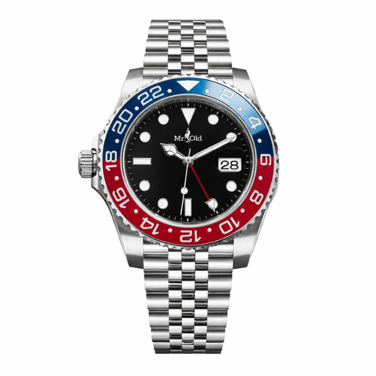 Dual Time 40 – Shadow Black | Stainless Steel & Red-Blue Bezel
