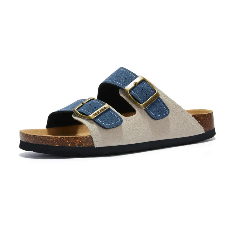 Wildlederpantoffeln Creme & Blau