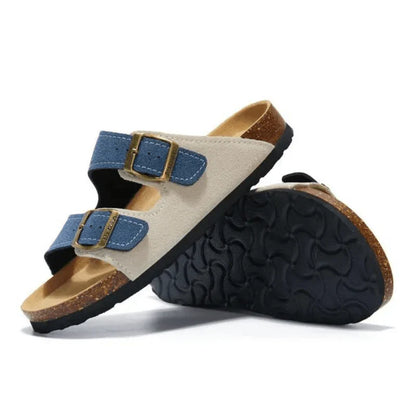 Wildlederpantoffeln Creme & Blau
