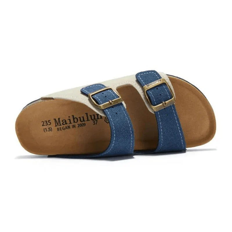 Wildlederpantoffeln Creme & Blau