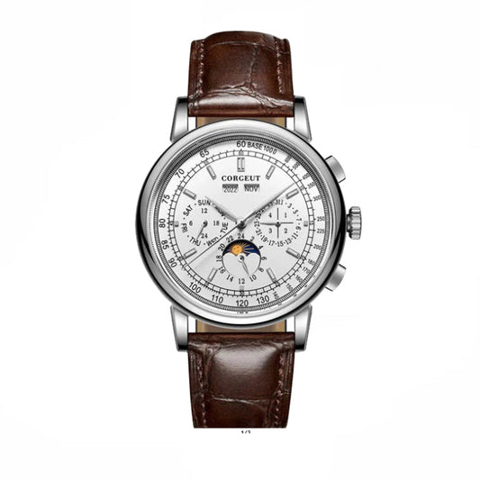 Corgeut Moon Phase Watch Silver and White with Brown Strap