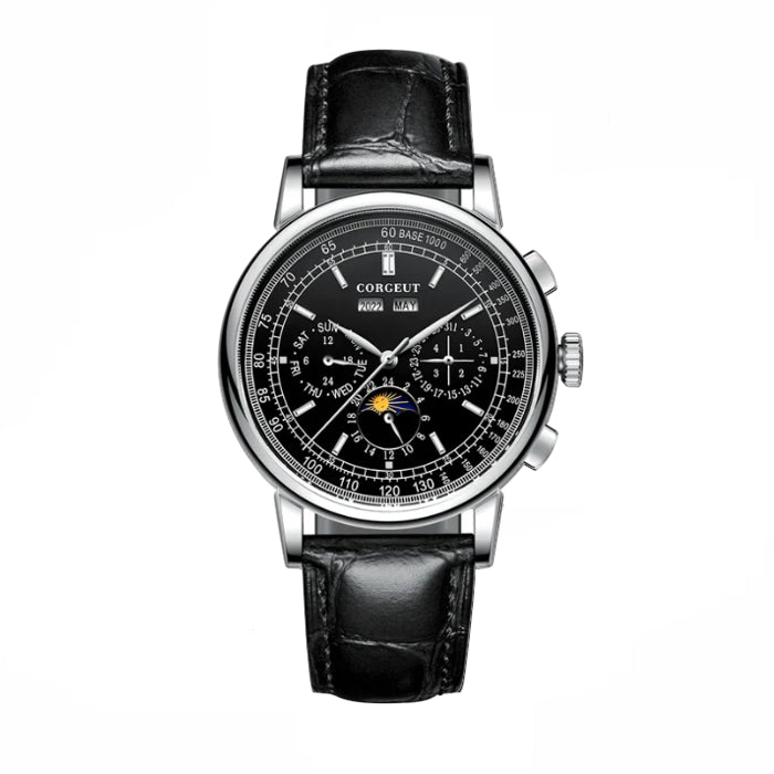 Corgeut Moon Phase Watch Black and Silver