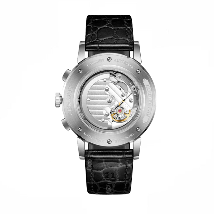 Corgeut Moon Phase Watch Silver and White with Brown Strap